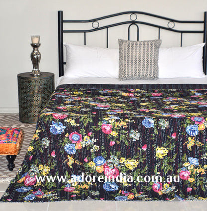 Tropical Black Kantha Quilt - Adore India   