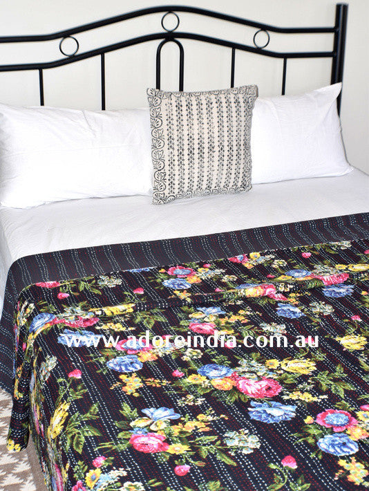 Tropical Black Kantha Quilt - Adore India   