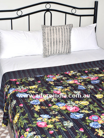 Tropical Black Kantha Quilt - Adore India   