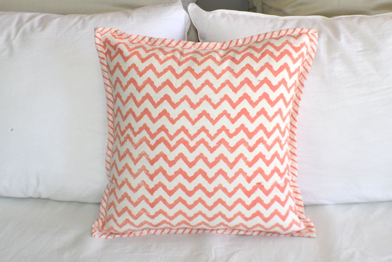 Zigzag Coral Hand Block Print Cushion Cover - Adore India   