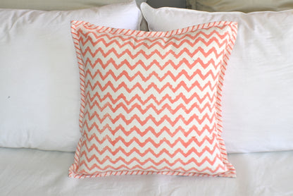 Zigzag Coral Hand Block Print Cushion Cover - Adore India   