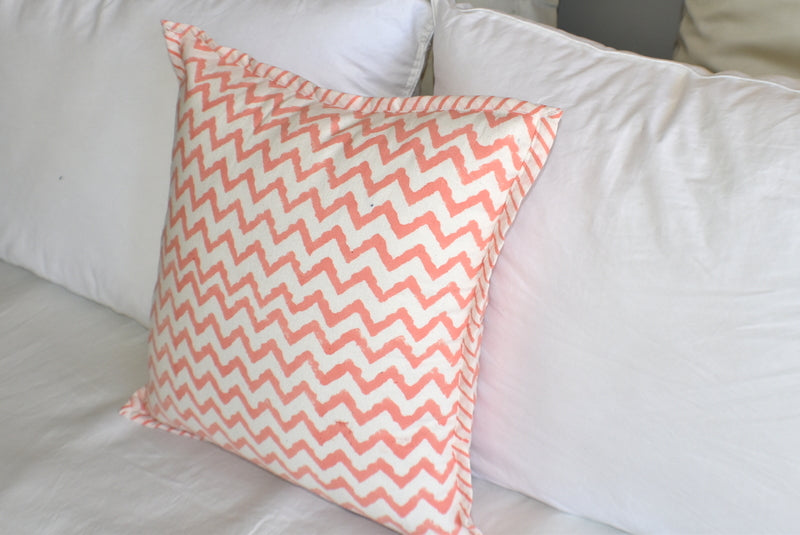 Zigzag Coral Hand Block Print Cushion Cover - Adore India   