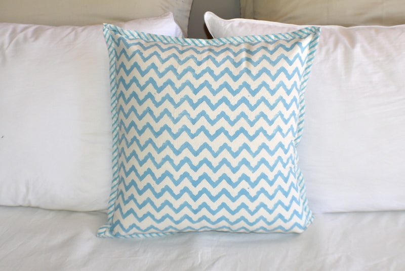 Zigzag Turq Hand Block Print Cushion Cover - Adore India   