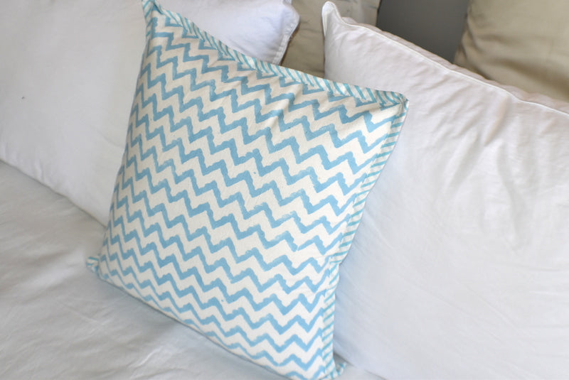 Zigzag Turq Hand Block Print Cushion Cover - Adore India   