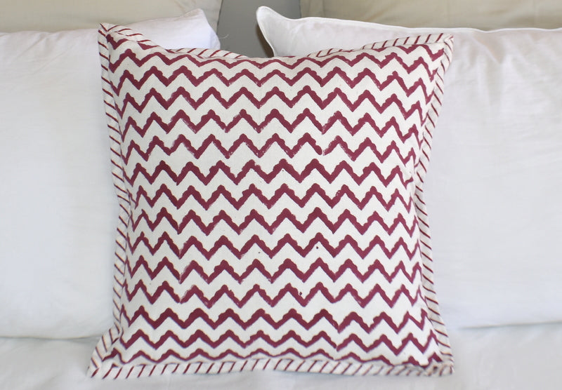 Zigzag Burgundy Hand Block Print Cushion Cover 40cm - Adore India   