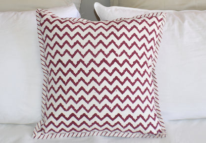 Zigzag Burgundy Hand Block Print Cushion Cover 40cm - Adore India   