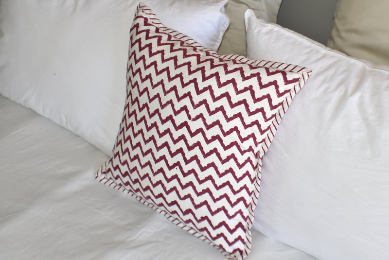 Zigzag Burgundy Hand Block Print Cushion Cover 40cm - Adore India   