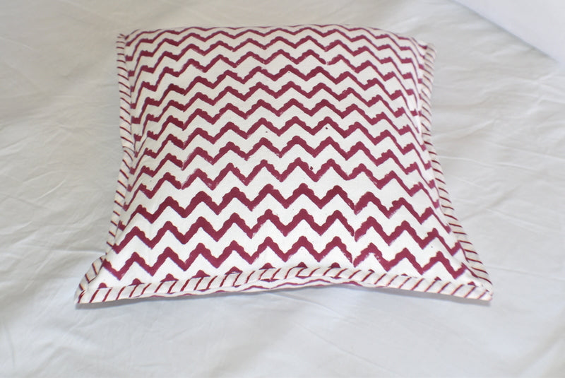 Zigzag Burgundy Hand Block Print Cushion Cover 40cm - Adore India   