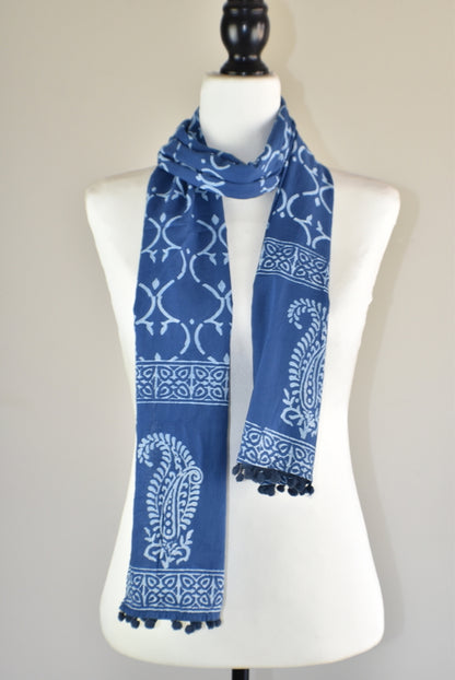 Indigo Blue Block Print Royal Paisley Cotton Pompom Scarf - Adore India   
