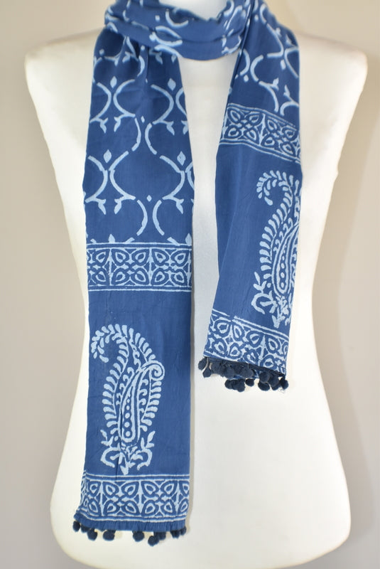 Indigo Blue Block Print Royal Paisley Cotton Pompom Scarf - Adore India   
