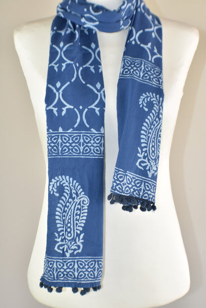 Indigo Blue Block Print Royal Paisley Cotton Pompom Scarf - Adore India   