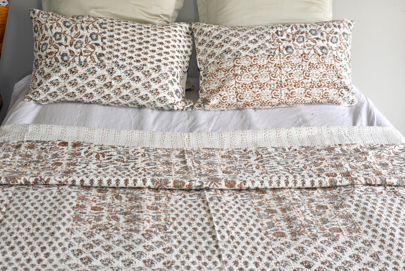 Brown Hand Block Printed  Patchwork Cushion Cover - Adore India   