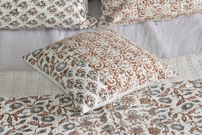 Brown Hand Block Printed  Patchwork Cushion Cover - Adore India   