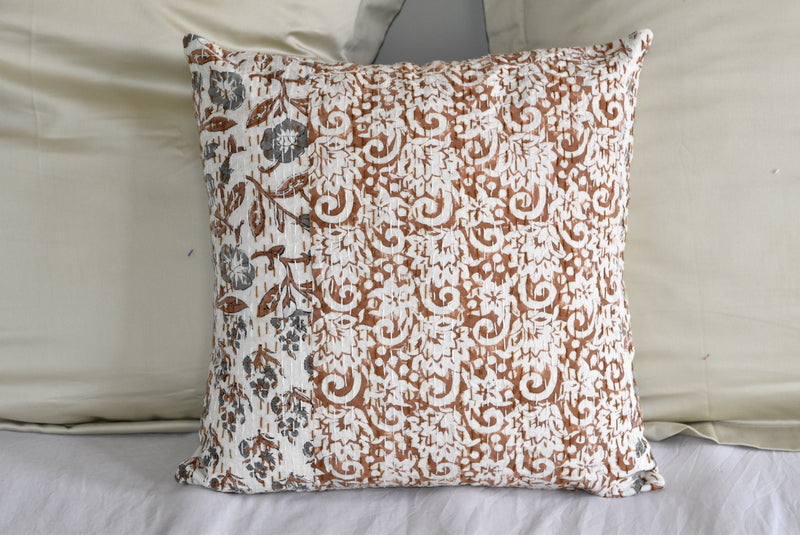 Brown Hand Block Printed  Patchwork Cushion Cover - Adore India   