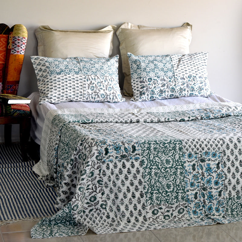Blue Hand Block Printed Patchwork Cushion Cover - Adore India   