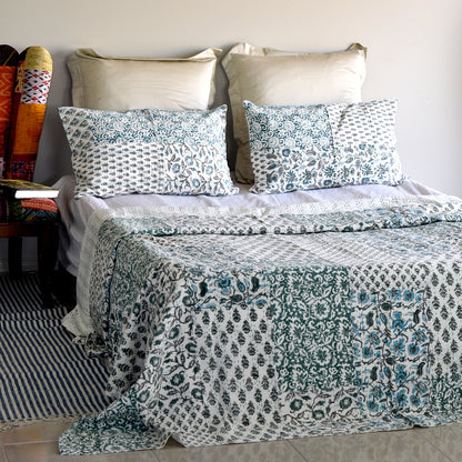 Blue Hand Block Printed Patchwork Cushion Cover - Adore India   