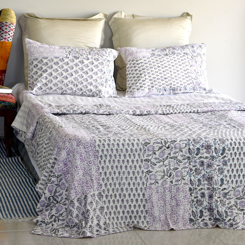 Indian Handmade Purple Hand Block Patchwork Reversible Kantha Quilt - Adore India   