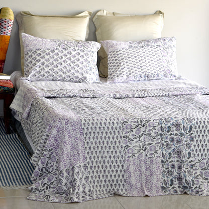 Indian Handmade Purple Hand Block Patchwork Reversible Kantha Quilt - Adore India   