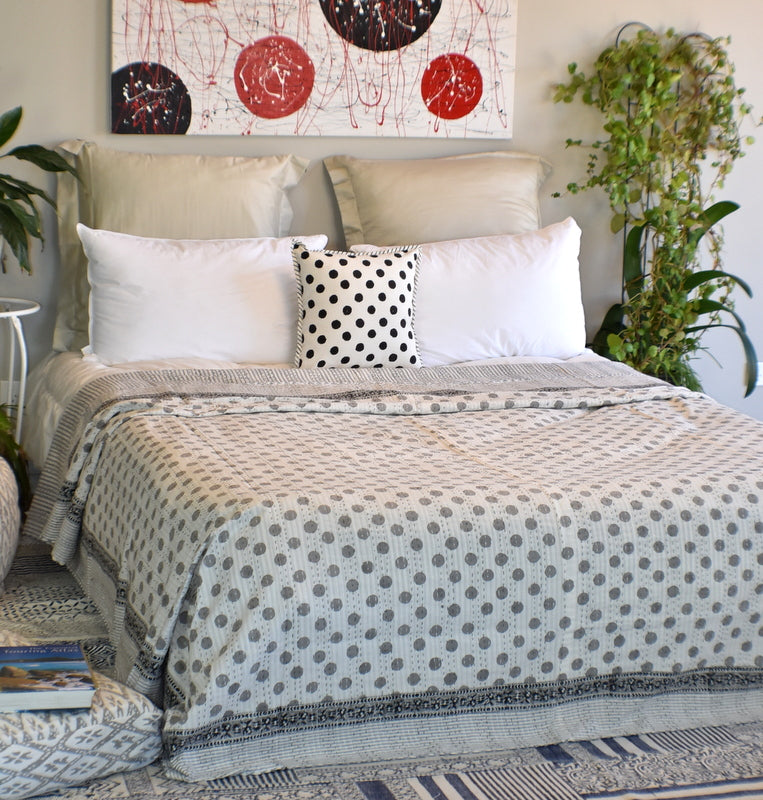 Handamde Grey Polka Dot Block Print Cotton Reversible Kantha Reversible Quilt - Adore India   