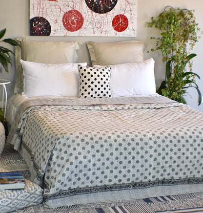 Handamde Grey Polka Dot Block Print Cotton Reversible Kantha Reversible Quilt - Adore India   