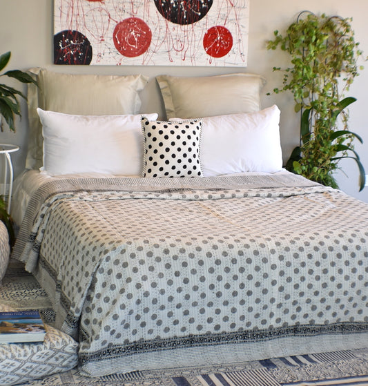Handamde Grey Polka Dot Block Print Cotton Reversible Kantha Reversible Quilt - Adore India   