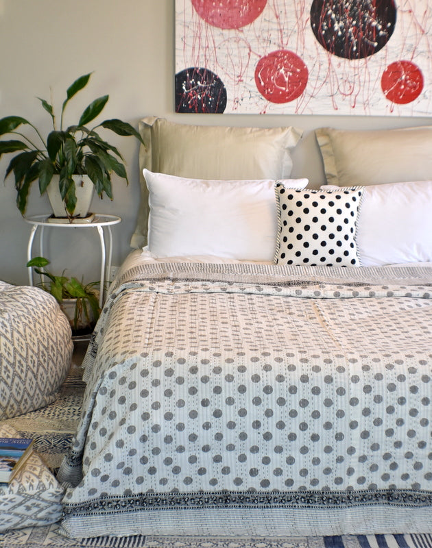 Handamde Grey Polka Dot Block Print Cotton Reversible Kantha Reversible Quilt - Adore India   