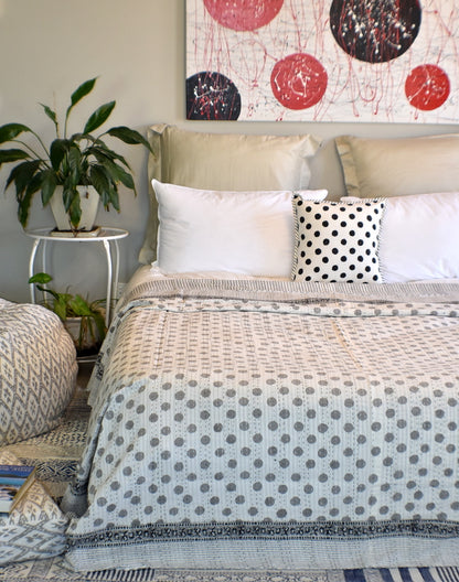 Handamde Grey Polka Dot Block Print Cotton Reversible Kantha Reversible Quilt - Adore India   