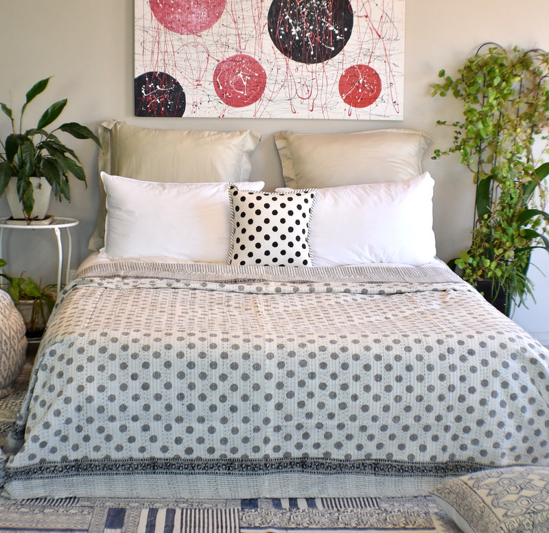 Handamde Grey Polka Dot Block Print Cotton Reversible Kantha Reversible Quilt - Adore India   