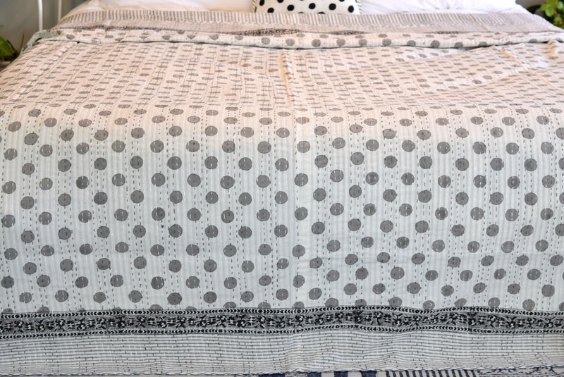 Handamde Grey Polka Dot Block Print Cotton Reversible Kantha Reversible Quilt - Adore India   