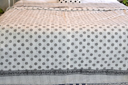 Handamde Grey Polka Dot Block Print Cotton Reversible Kantha Reversible Quilt - Adore India   