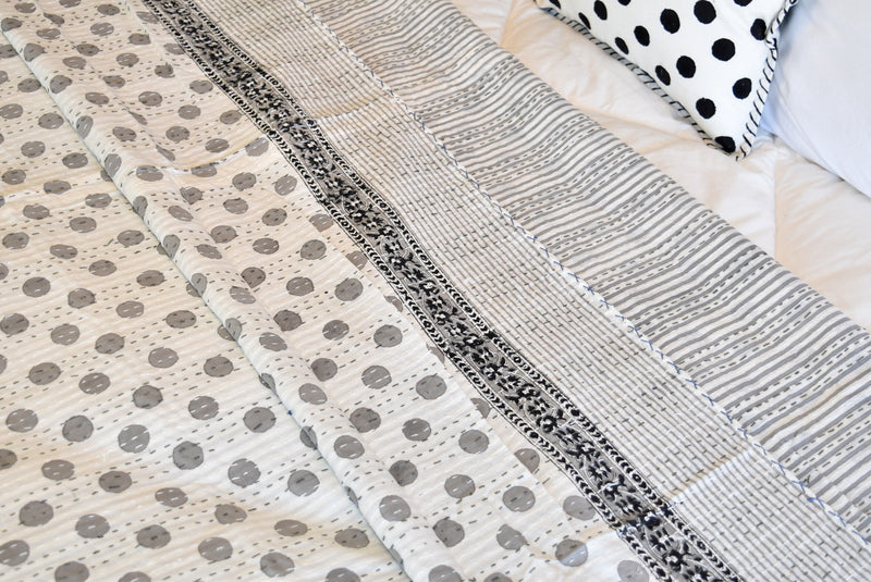 Handamde Grey Polka Dot Block Print Cotton Reversible Kantha Reversible Quilt - Adore India   