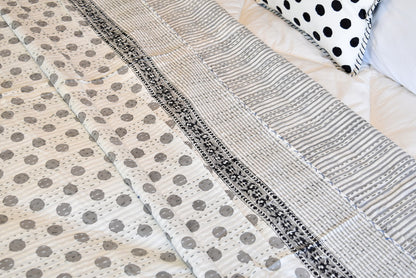 Handamde Grey Polka Dot Block Print Cotton Reversible Kantha Reversible Quilt - Adore India   