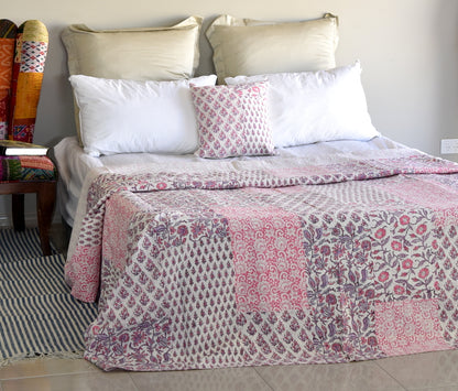 Pink Hand Block Printed Patchwork Cushion Cover - Adore India   
