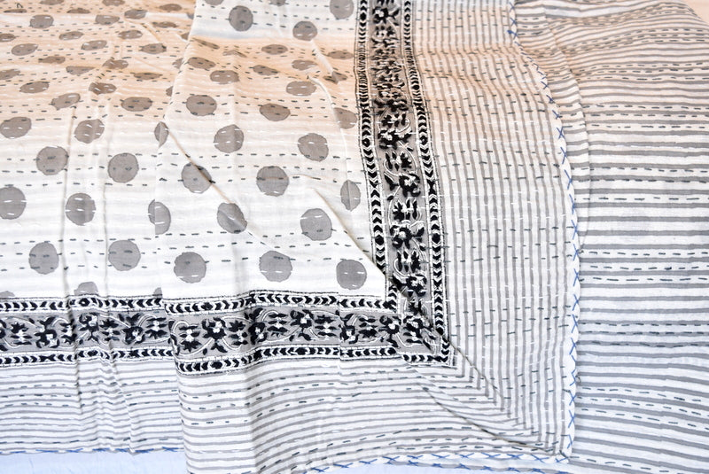 Handamde Grey Polka Dot Block Print Cotton Reversible Kantha Reversible Quilt - Adore India   