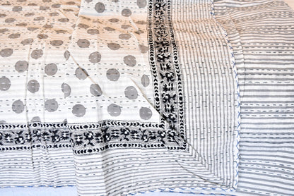 Handamde Grey Polka Dot Block Print Cotton Reversible Kantha Reversible Quilt - Adore India   