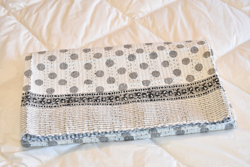 Handamde Grey Polka Dot Block Print Cotton Reversible Kantha Reversible Quilt - Adore India   