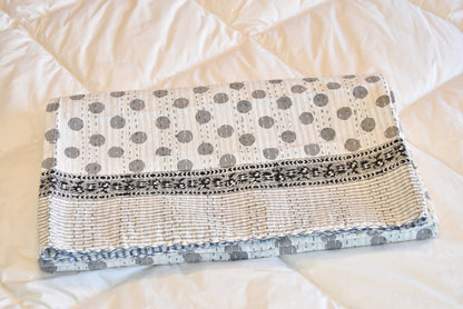 Handamde Grey Polka Dot Block Print Cotton Reversible Kantha Reversible Quilt - Adore India   