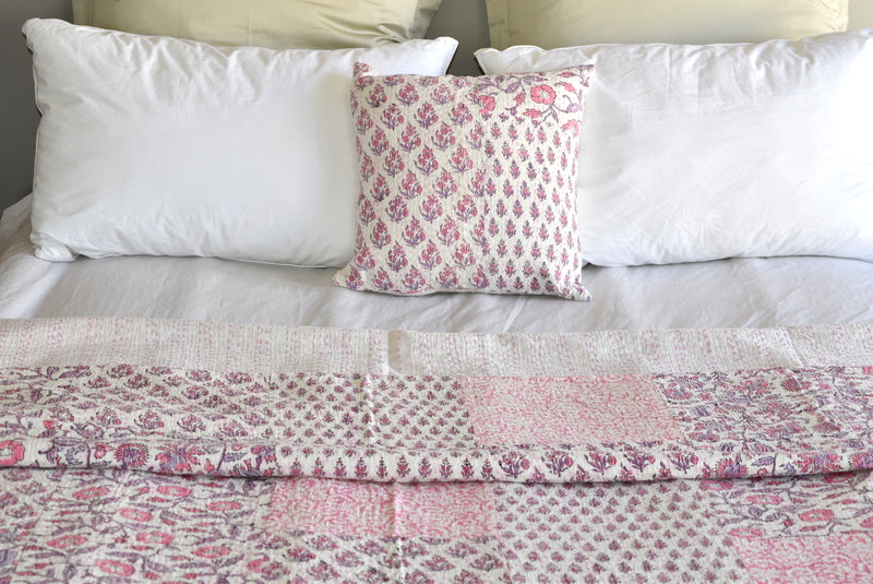 Pink Hand Block Printed Patchwork Cushion Cover - Adore India   