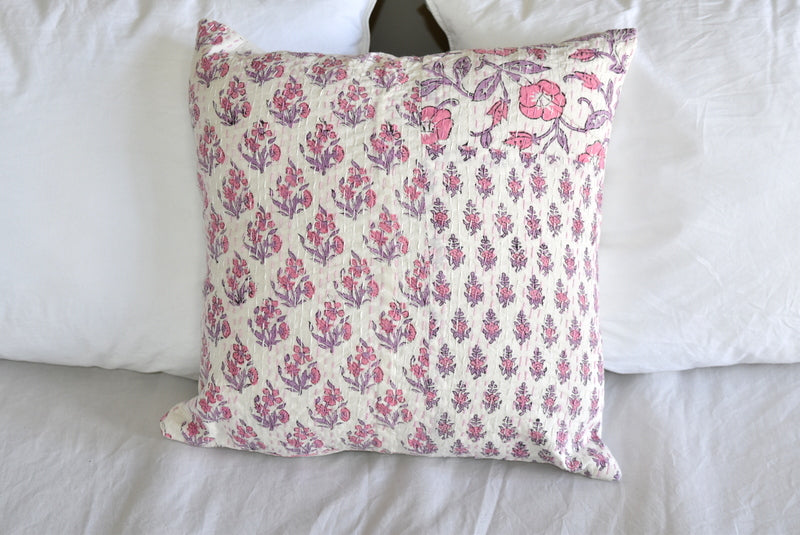 Pink Hand Block Printed Patchwork Cushion Cover - Adore India   
