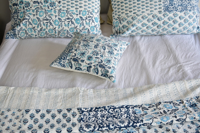 Blue Hand Block Printed Patchwork Cushion Cover - Adore India   