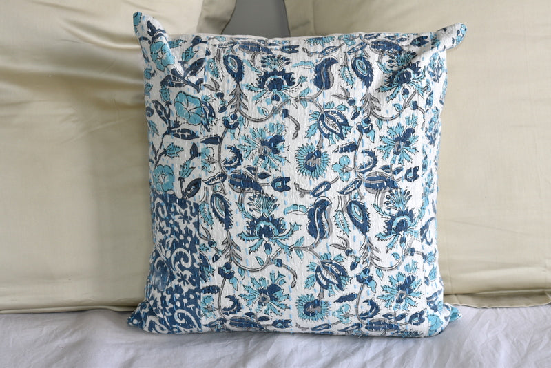 Blue Hand Block Printed Patchwork Cushion Cover - Adore India   