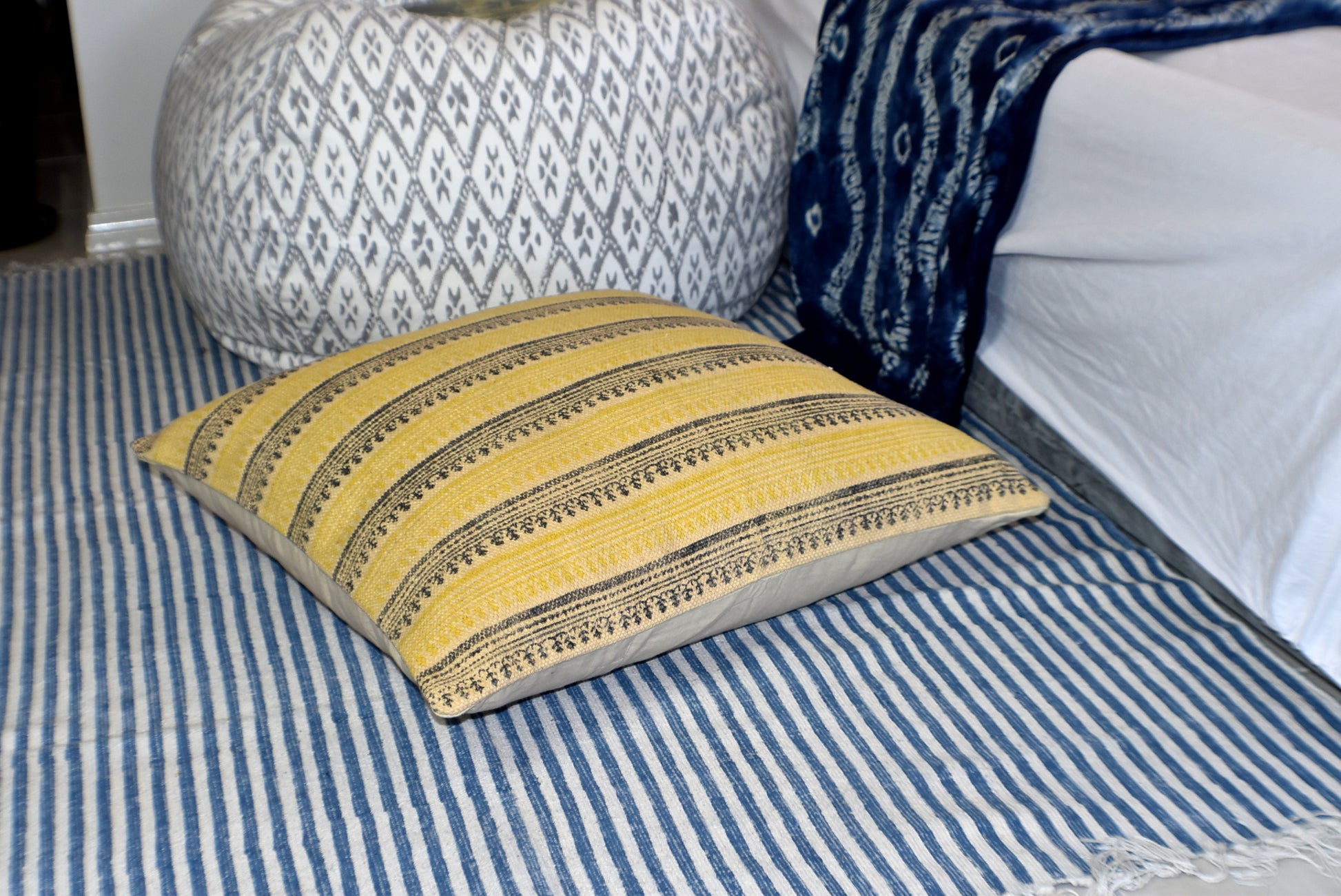 Mustard Stripe Block Print Cotton Dari Cushion Cover 45cm - Adore India   