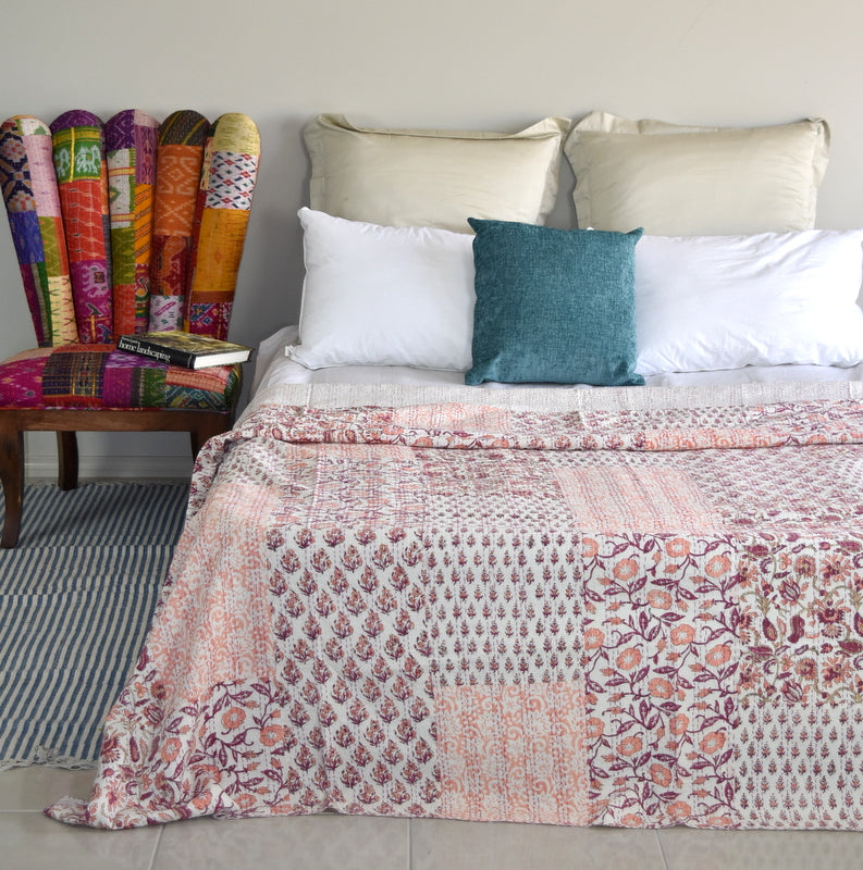 Hand Block Indian Lt Coral Patchwork Cotton Kantha Quilt Bedspread - Adore India   