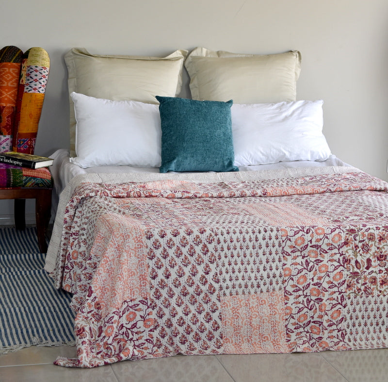 Hand Block Indian Lt Coral Patchwork Cotton Kantha Quilt Bedspread - Adore India   