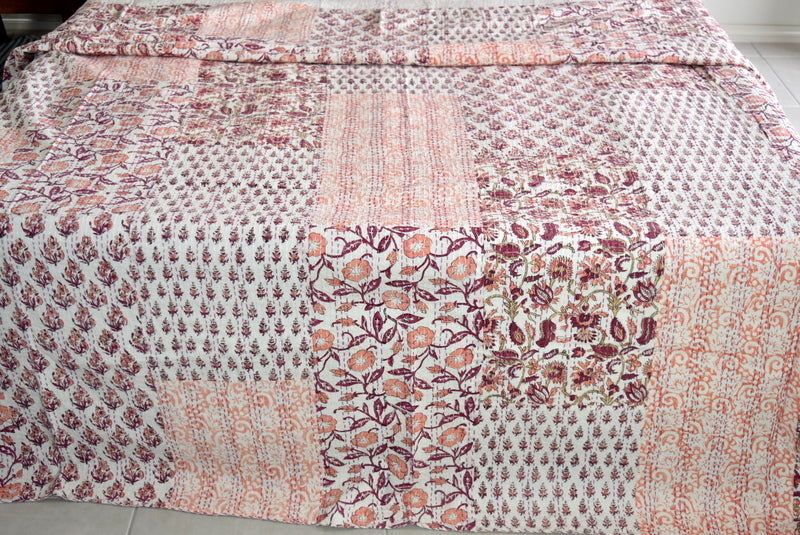 Hand Block Indian Lt Coral Patchwork Cotton Kantha Quilt Bedspread - Adore India   