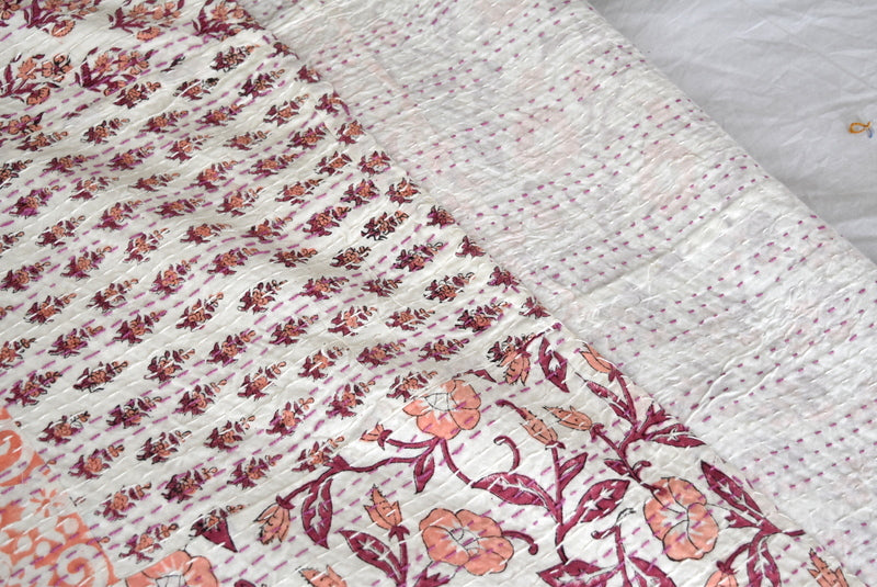 Hand Block Indian Lt Coral Patchwork Cotton Kantha Quilt Bedspread - Adore India   