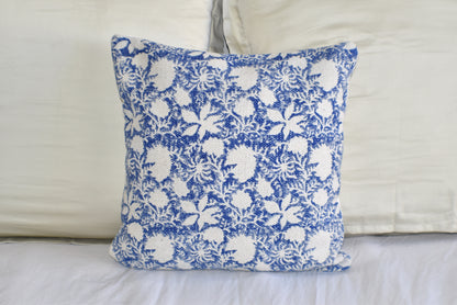 Indigo Flower Block Print Cotton Dari Cushion Cover 45cm - Adore India   