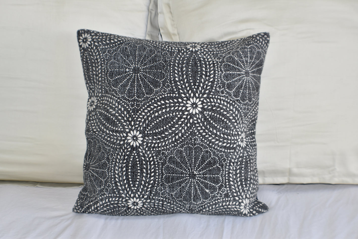 Cotton Black Flower Block Print Cotton Dari Cushion Cover 45cm - Adore India   