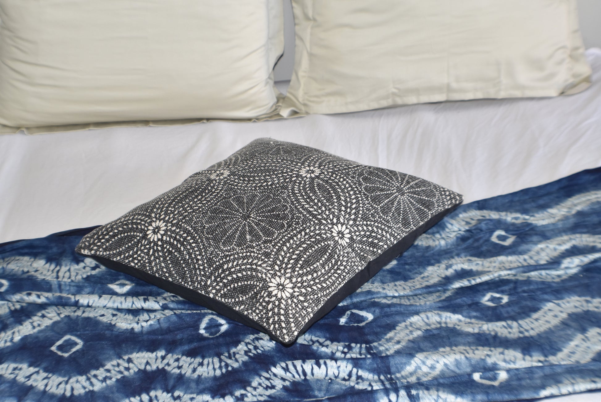Cotton Black Flower Block Print Cotton Dari Cushion Cover 45cm - Adore India   