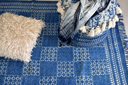 Handmade Geometrical Block Print Net Indigo Cotton Dhurrie Carpet - Adore India   